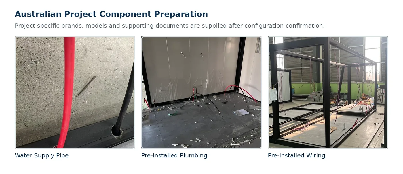 Australian project component preparation showing water supply plumbing and wiring
