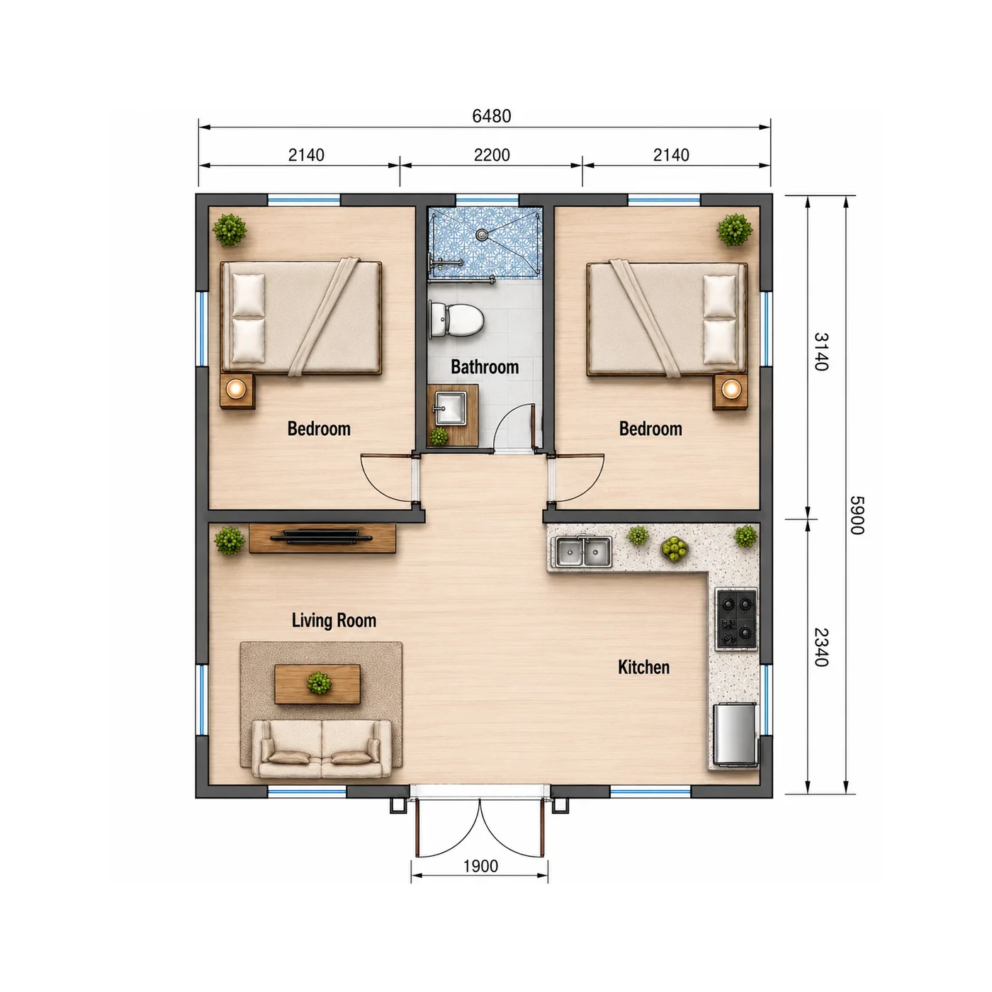 Rendered two-bedroom expandable house floor plan Australia